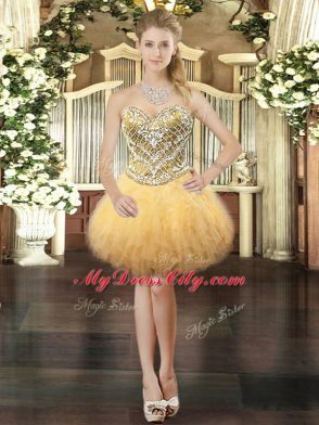 Gold Lace Up Prom Evening Gown Beading and Ruffles Sleeveless Mini Length