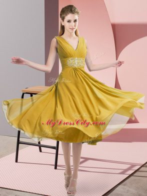Sleeveless Knee Length Beading Side Zipper Bridesmaid Gown with Gold