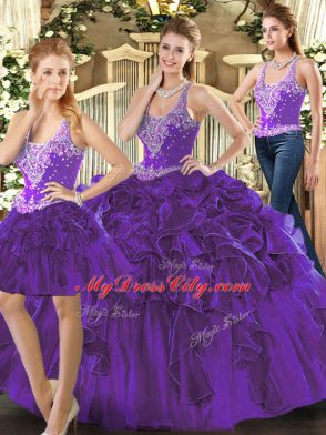 Pretty Ball Gowns Vestidos de Quinceanera Purple Straps Tulle Sleeveless Floor Length Lace Up
