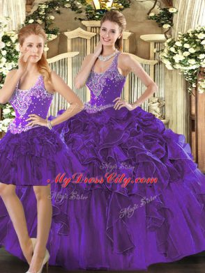 Pretty Ball Gowns Vestidos de Quinceanera Purple Straps Tulle Sleeveless Floor Length Lace Up