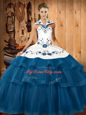 Perfect Halter Top Sleeveless Organza Quinceanera Dresses Embroidery and Ruffled Layers Sweep Train Lace Up