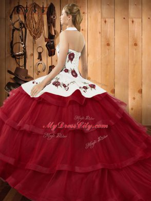 Perfect Halter Top Sleeveless Organza Quinceanera Dresses Embroidery and Ruffled Layers Sweep Train Lace Up