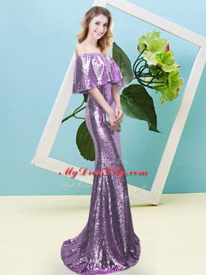 Sequins Homecoming Dress Lavender Zipper Half Sleeves Floor Length