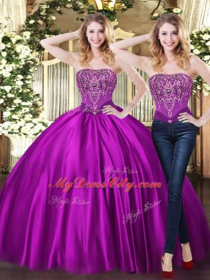 Luxurious Floor Length Lace Up Sweet 16 Dress Purple for Military Ball and Sweet 16 and Quinceanera with Beading