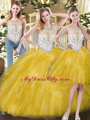 Glamorous Three Pieces Quinceanera Dresses Yellow Scoop Organza Sleeveless Floor Length Zipper