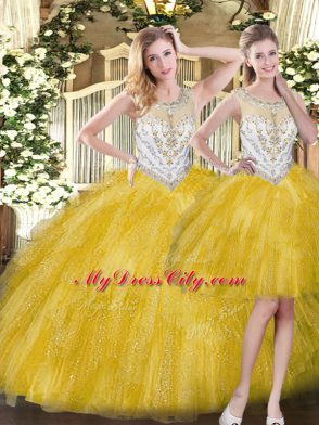 Glamorous Three Pieces Quinceanera Dresses Yellow Scoop Organza Sleeveless Floor Length Zipper