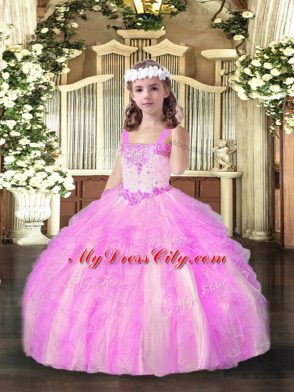 Sleeveless Organza Floor Length Lace Up Pageant Gowns For Girls in Lilac with Beading and Ruffles