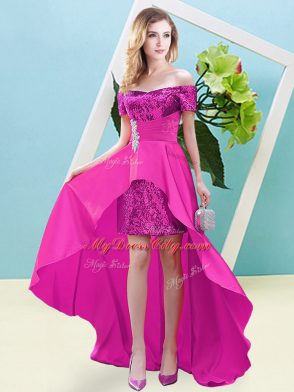 Custom Designed Off The Shoulder Short Sleeves Lace Up Prom Dress Fuchsia Elastic Woven Satin and Sequined