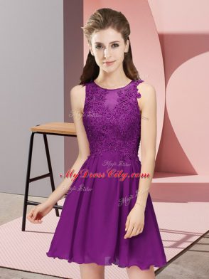 Eggplant Purple Empire Appliques Court Dresses for Sweet 16 Zipper Chiffon Sleeveless Mini Length