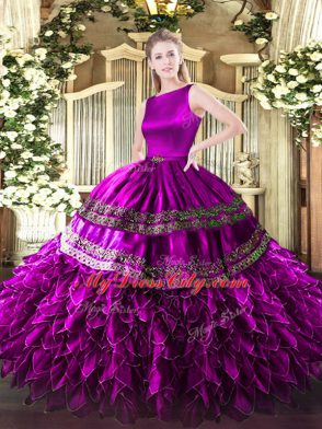 On Sale Floor Length Clasp Handle Quince Ball Gowns Fuchsia for Military Ball and Sweet 16 and Quinceanera with Ruffles