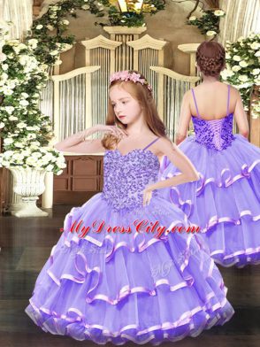 Sleeveless Floor Length Appliques and Ruffled Layers Lace Up Pageant Gowns For Girls with Lavender