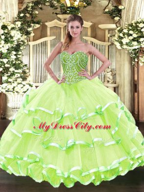 Yellow Green Sweet 16 Dresses Military Ball and Sweet 16 and Quinceanera with Beading and Ruffled Layers Sweetheart Sleeveless Lace Up