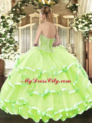 Yellow Green Sweet 16 Dresses Military Ball and Sweet 16 and Quinceanera with Beading and Ruffled Layers Sweetheart Sleeveless Lace Up