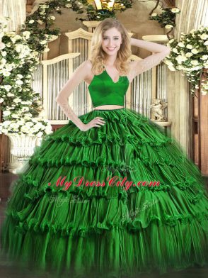 Green Two Pieces Ruffled Layers Vestidos de Quinceanera Zipper Organza Sleeveless Floor Length