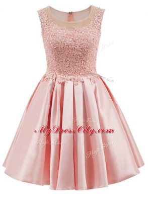 Baby Pink Satin Zipper Scoop Sleeveless Mini Length Wedding Guest Dresses Lace