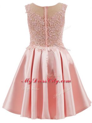 Baby Pink Satin Zipper Scoop Sleeveless Mini Length Wedding Guest Dresses Lace