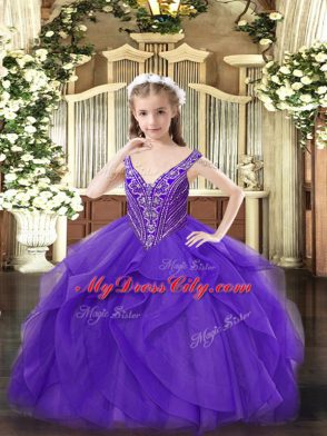 Floor Length Eggplant Purple Girls Pageant Dresses V-neck Sleeveless Zipper