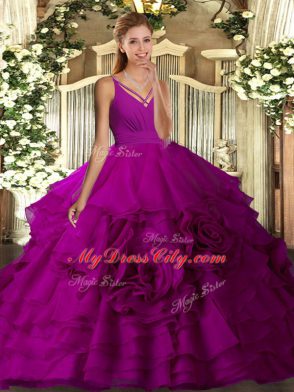 Floor Length Purple Vestidos de Quinceanera Fabric With Rolling Flowers Sleeveless Ruching