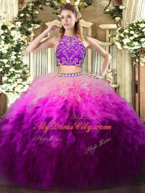 Fantastic High-neck Sleeveless Zipper Sweet 16 Dress Multi-color Tulle