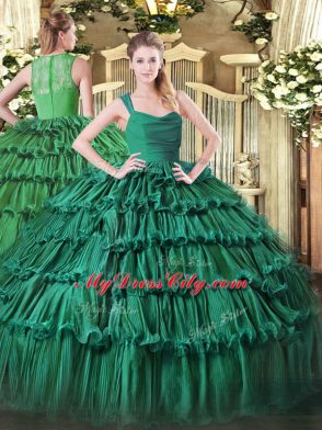 Sleeveless Organza Floor Length Zipper Sweet 16 Quinceanera Dress in Green with Ruffled Layers