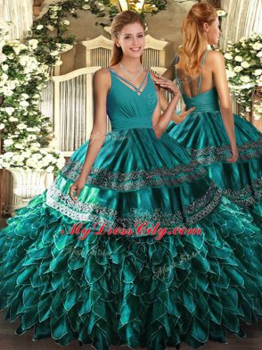Admirable Ball Gowns 15 Quinceanera Dress Teal V-neck Organza Sleeveless Floor Length Zipper