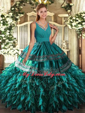 Admirable Ball Gowns 15 Quinceanera Dress Teal V-neck Organza Sleeveless Floor Length Zipper