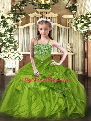 Best Organza Straps Sleeveless Lace Up Beading and Ruffles Little Girls Pageant Dress Wholesale in Olive Green