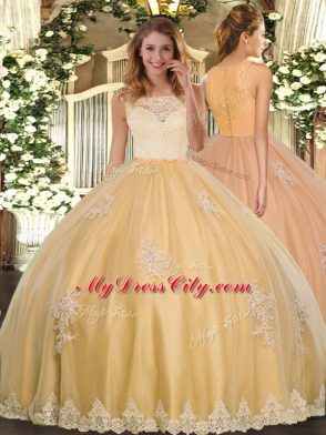 New Arrival Gold Quinceanera Gowns Military Ball and Sweet 16 and Quinceanera with Lace and Appliques Scoop Sleeveless Clasp Handle