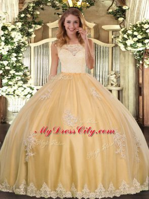 New Arrival Gold Quinceanera Gowns Military Ball and Sweet 16 and Quinceanera with Lace and Appliques Scoop Sleeveless Clasp Handle