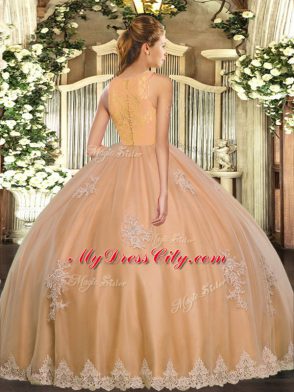 New Arrival Gold Quinceanera Gowns Military Ball and Sweet 16 and Quinceanera with Lace and Appliques Scoop Sleeveless Clasp Handle