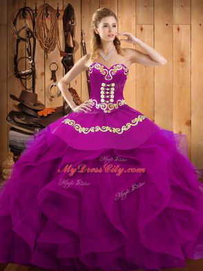 Fuchsia Sleeveless Organza Lace Up Quinceanera Gowns for Military Ball and Sweet 16 and Quinceanera
