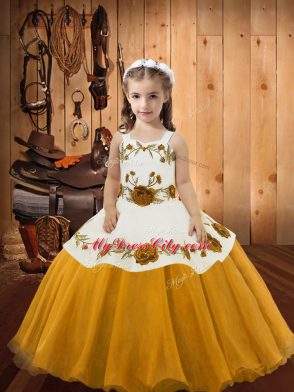 Super Gold Straps Lace Up Embroidery Little Girls Pageant Dress Sleeveless