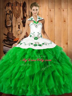 Green Sleeveless Satin and Organza Lace Up Sweet 16 Quinceanera Dress for Military Ball and Sweet 16 and Quinceanera