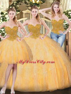 Gold Sleeveless Tulle Lace Up Quince Ball Gowns for Military Ball and Sweet 16 and Quinceanera