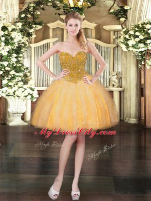 Gold Sleeveless Tulle Lace Up Quince Ball Gowns for Military Ball and Sweet 16 and Quinceanera