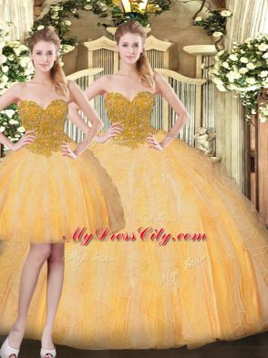 Gold Sleeveless Tulle Lace Up Quince Ball Gowns for Military Ball and Sweet 16 and Quinceanera