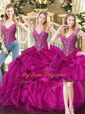 Three Pieces Quince Ball Gowns Fuchsia V-neck Organza Sleeveless Floor Length Lace Up