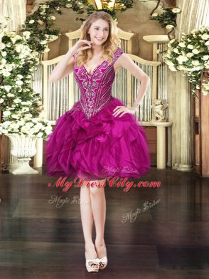 Three Pieces Quince Ball Gowns Fuchsia V-neck Organza Sleeveless Floor Length Lace Up