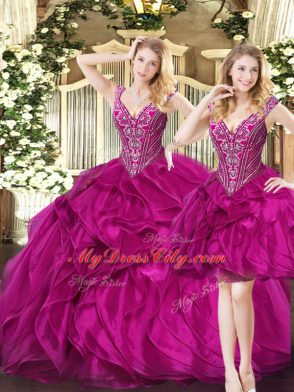 Three Pieces Quince Ball Gowns Fuchsia V-neck Organza Sleeveless Floor Length Lace Up