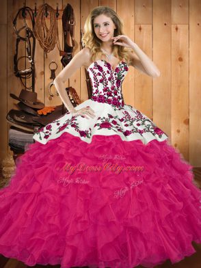 Cute Hot Pink Sleeveless Floor Length Embroidery and Ruffles Lace Up Quinceanera Dresses
