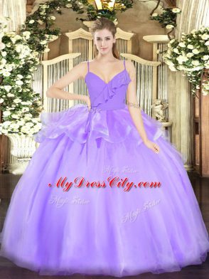 Fitting Sleeveless Floor Length Ruffles Zipper Vestidos de Quinceanera with Lavender
