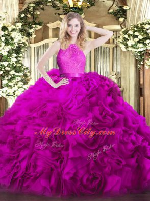 Fuchsia Fabric With Rolling Flowers Zipper Sweet 16 Quinceanera Dress Sleeveless Floor Length Lace