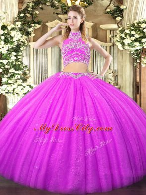 Lilac High-neck Backless Beading Ball Gown Prom Dress Sleeveless