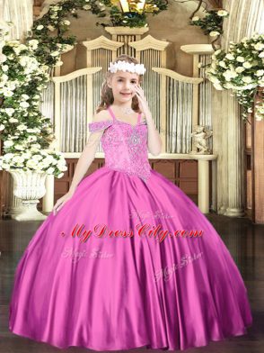 Floor Length Fuchsia Child Pageant Dress Off The Shoulder Sleeveless Lace Up