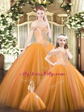 Glittering Orange Sleeveless Floor Length Beading Lace Up Sweet 16 Dress
