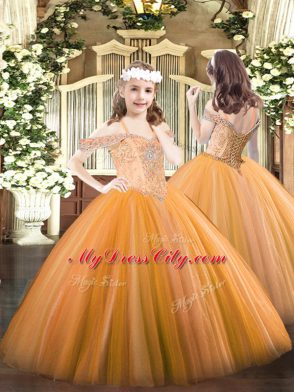 Glittering Orange Sleeveless Floor Length Beading Lace Up Sweet 16 Dress