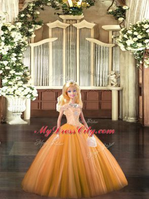Glittering Orange Sleeveless Floor Length Beading Lace Up Sweet 16 Dress