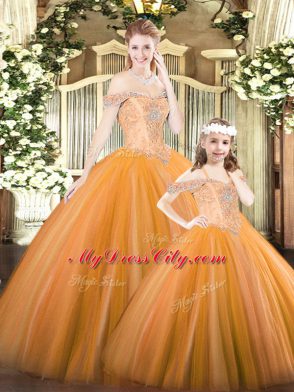 Glittering Orange Sleeveless Floor Length Beading Lace Up Sweet 16 Dress