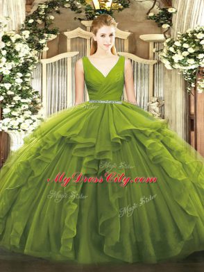 Tulle V-neck Sleeveless Zipper Beading and Ruffles Sweet 16 Dress in Olive Green
