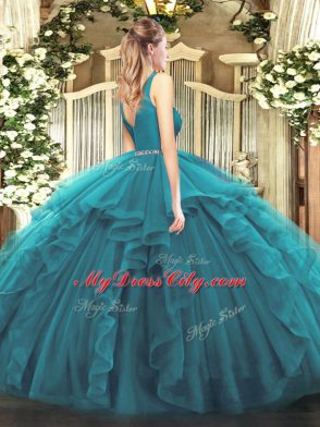 Tulle V-neck Sleeveless Zipper Beading and Ruffles Sweet 16 Dress in Olive Green